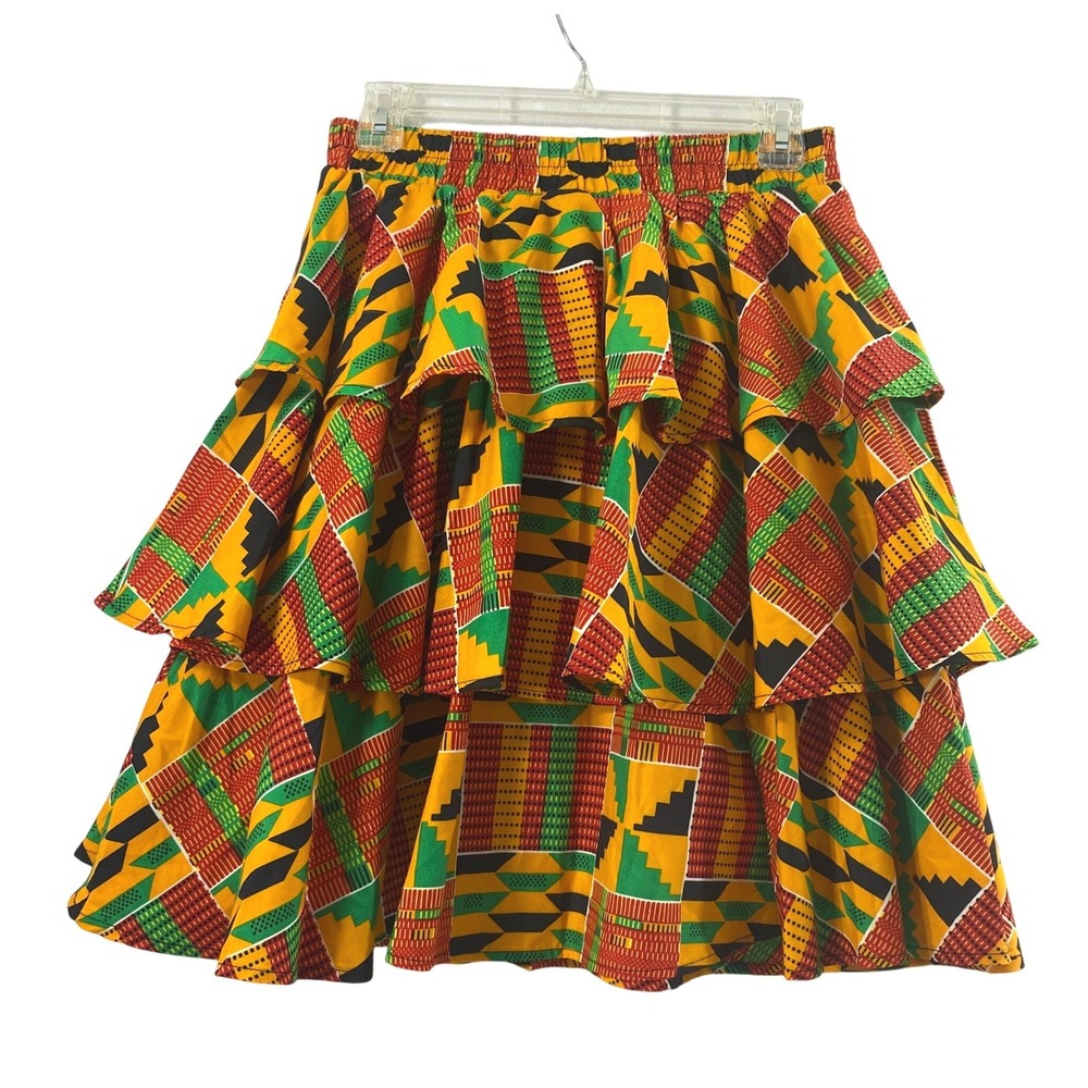 Hongyu Amy Skirt‎ Women M Kente Print Tiered Ruffle Boho Festival Knee Length